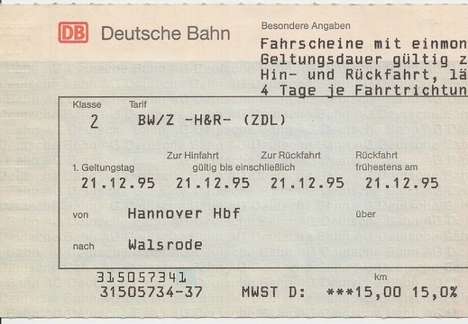 013 DB AG Fahrschein Walsrode-Hannover 1995