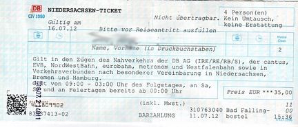 018 Niedersachsen-Ticket für 4 Personen